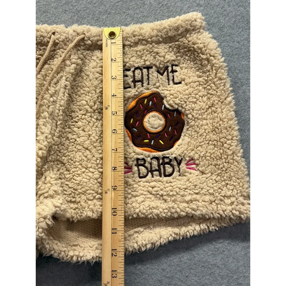 Un-bear-ably Cute Sherpa Lounge Shorts Beige Eat Me Baby Donut Pom Pom Medium